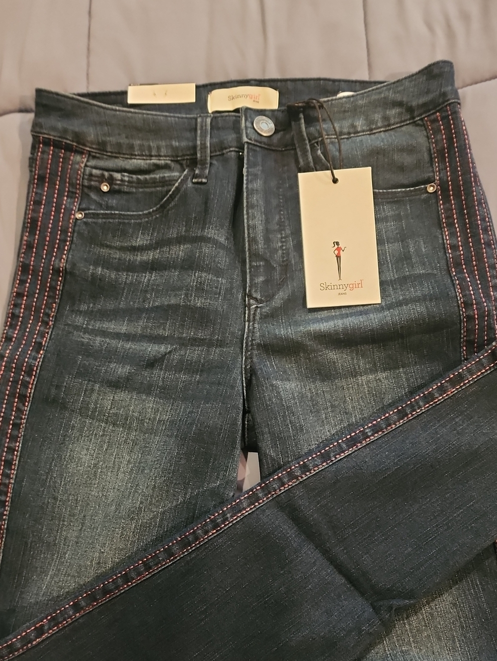 NWT Skinny Girl "Paul" High-Rise Skinny Jeans Red Stitching Side Stripes 27/4